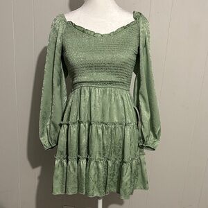 EASTER sale B Darlin Sage Green Smocked Long-Sleeve Tiered Mini Dress size 3/4